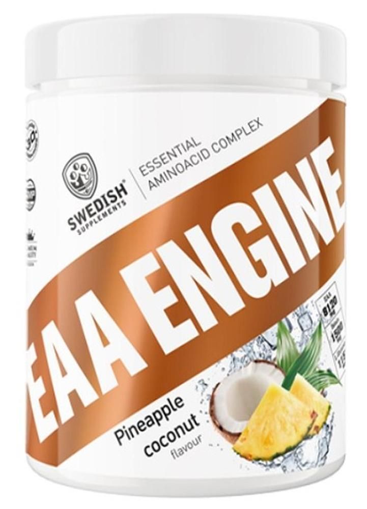 Weißes Supplement-Behälter mit braunem Band. Aufschrift: EAA Engine, Swedish Supplements. Geschmack: Pineapple coconut.