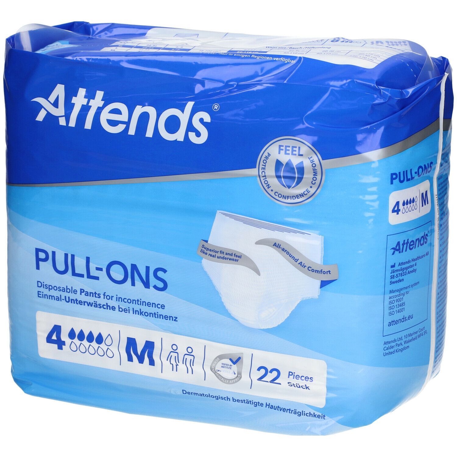 Attends Pull-Ons, Größe M, 22 Stück. Einmal-Unterwäsche für Inkontinenz. Verpackung mit Produktabbildung und Logo.