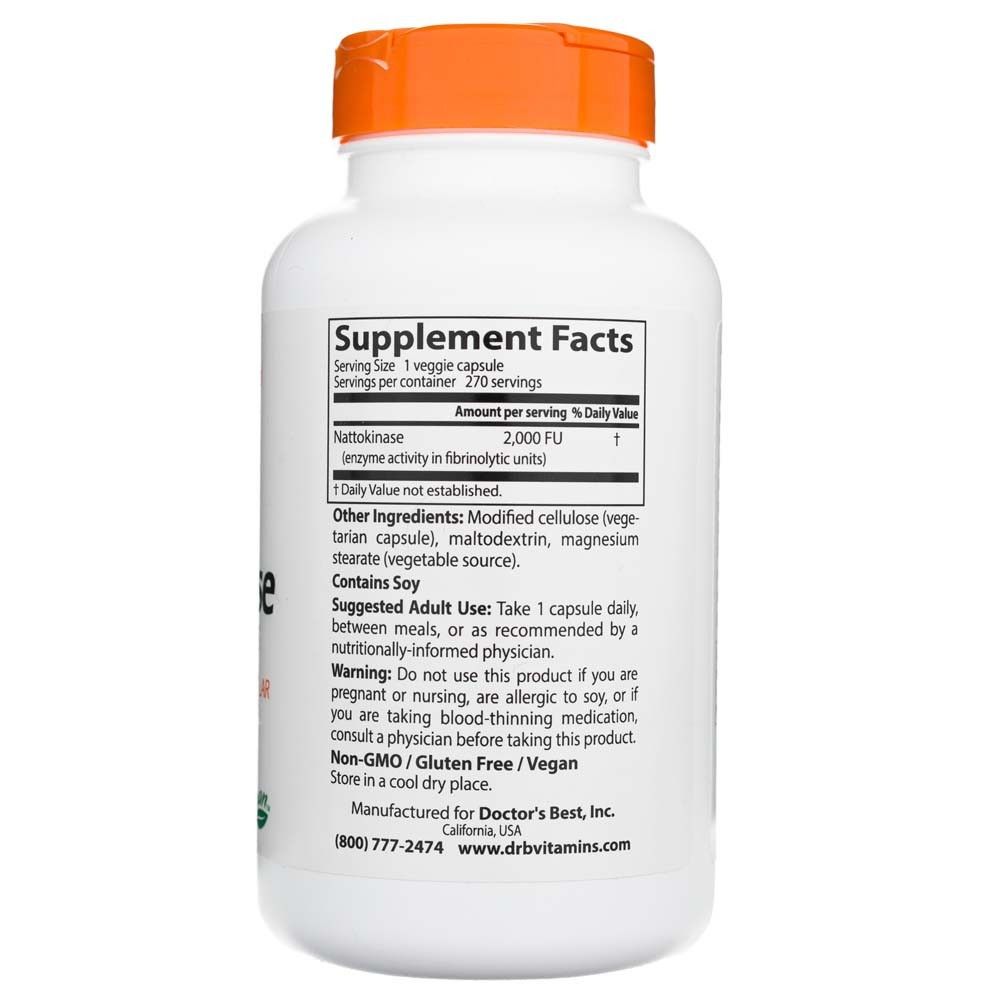 Rückseite einer Flasche Doctor's Best Nattokinase mit Nährwertangaben und Inhaltsstoffen. 270 Portionen.
