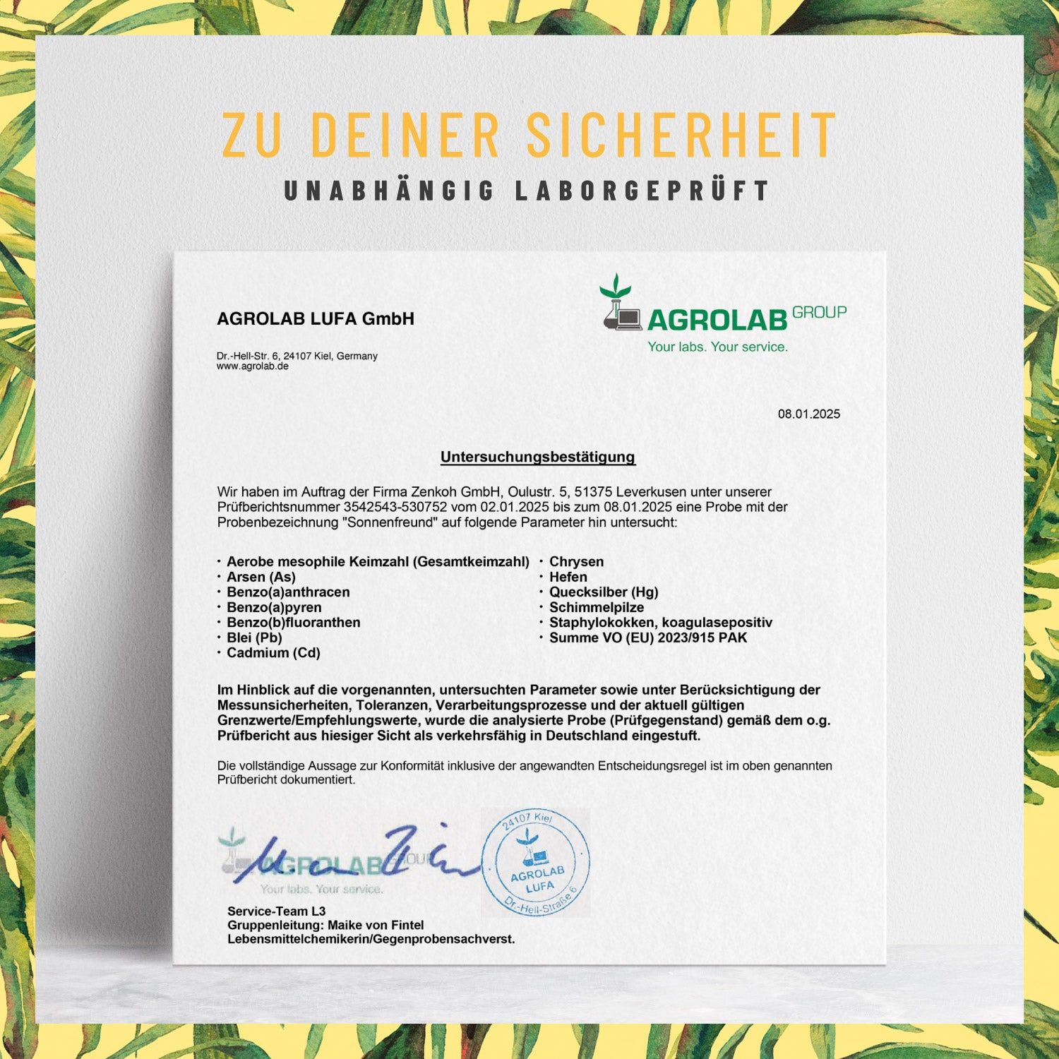 Untersuchungsbestätigung von AGROLAB LUFA GmbH. Laborbericht. Parameter-Liste. Stempel.