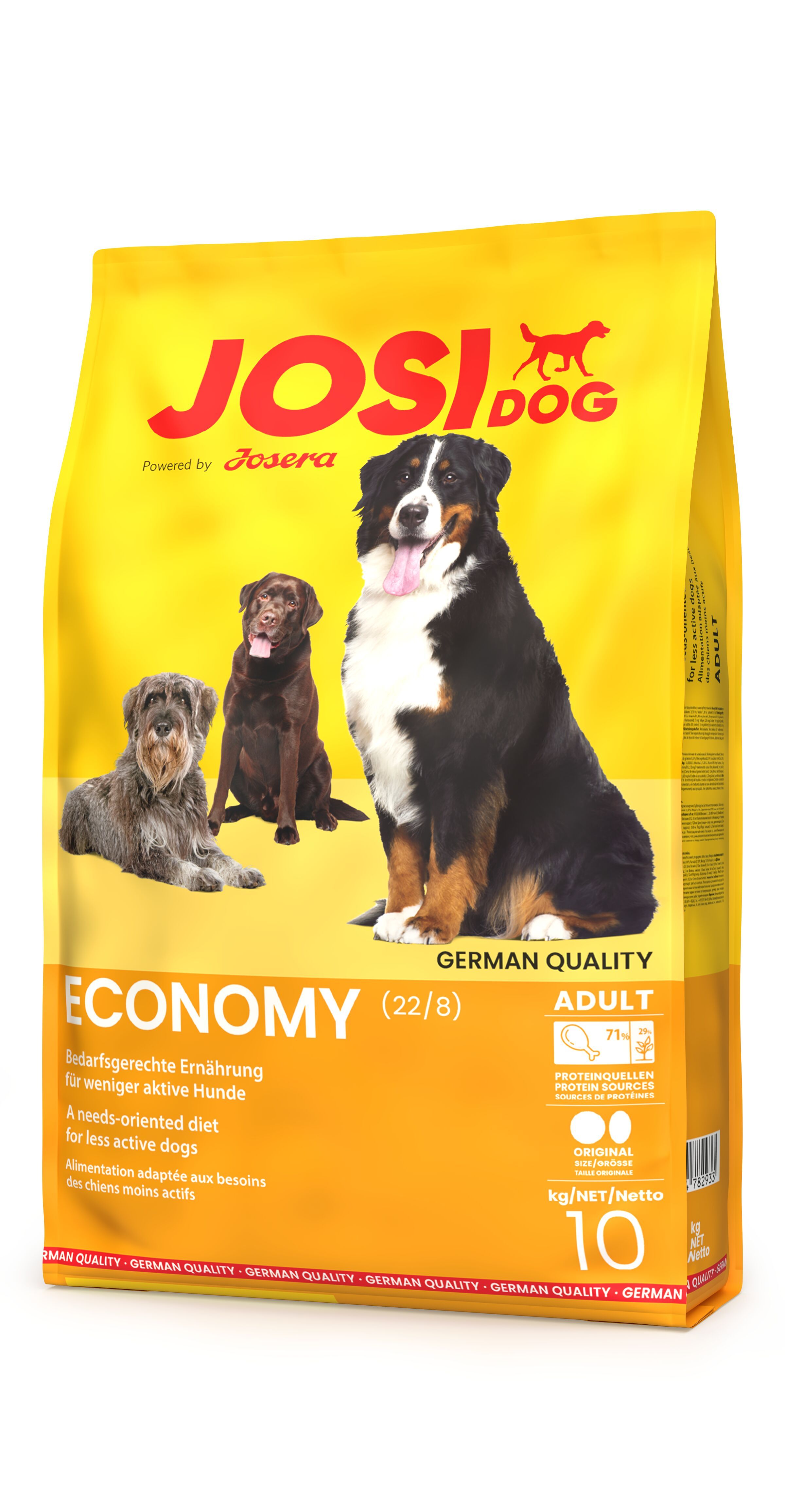 Gelber Beutel mit JosiDog-Logo und Abbildung von drei Hunden. Text: Economy, German Quality, 10 kg.