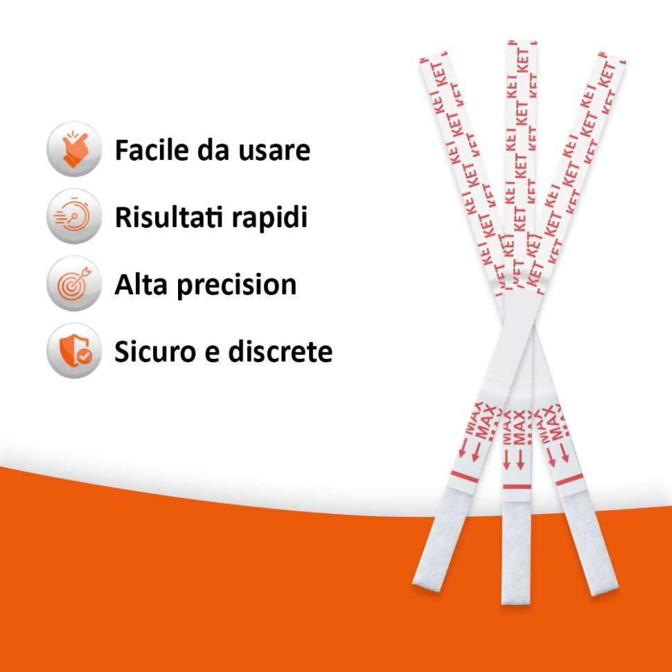 Tre strisce bianche con testo rosso KET. Frecce e segni. Quattro icone con testo: Facile, veloce, preciso, sicuro.