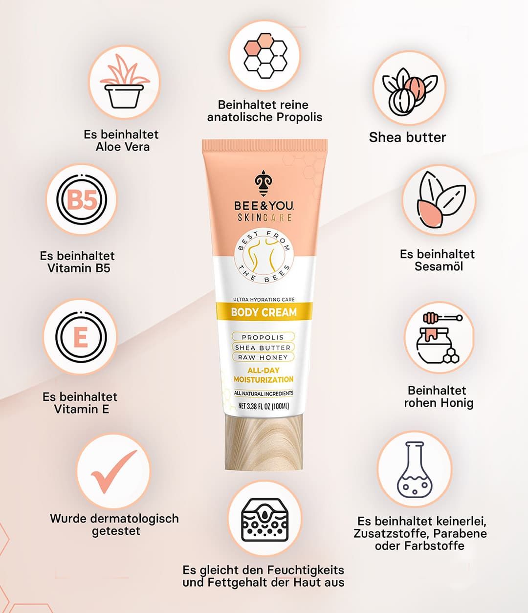 Creme-Tube mit Aufschrift BEE&YOU SKINCARE, Propolis, Sheabutter, Honig. Umgeben von Icons.