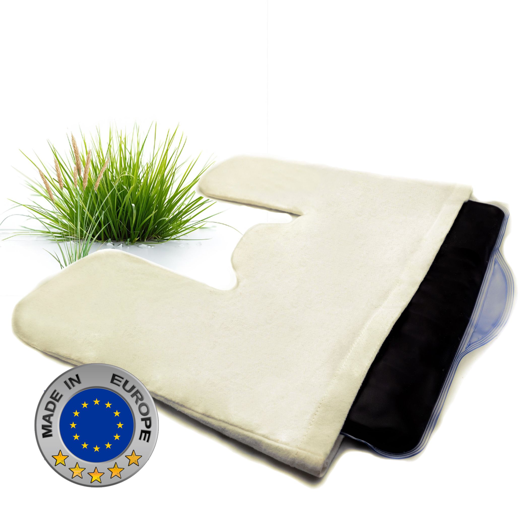 Nackenkissen mit Naturmoor-Füllung und Baumwollhülle. EU-Zertifizierung. Weißes Kissen mit schwarzem Einsatz.