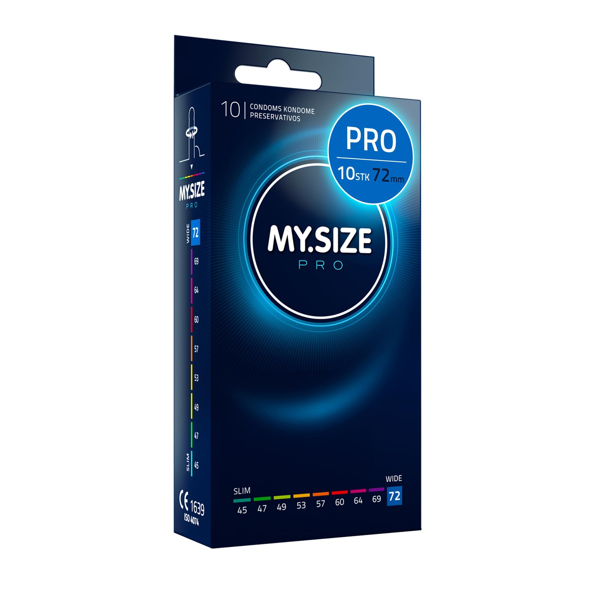 Verpackung von MY.SIZE PRO ELITE Kondomen, Größe 72mm, 10 Stück.