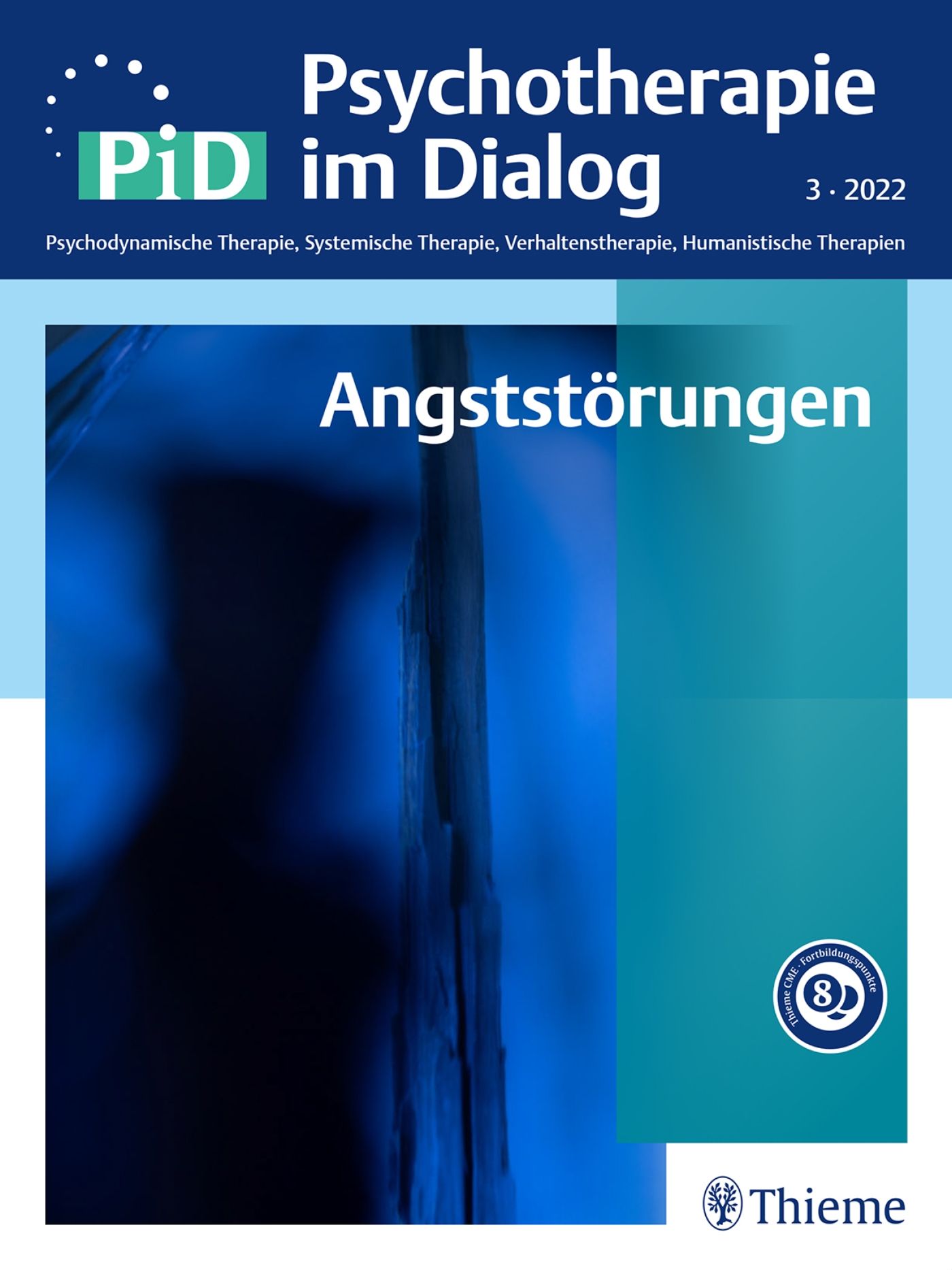 Titelbild von "Psychotherapie im Dialog". Titel: Angststörungen. Blaue und türkise Farbgebung. Logo von Thieme.