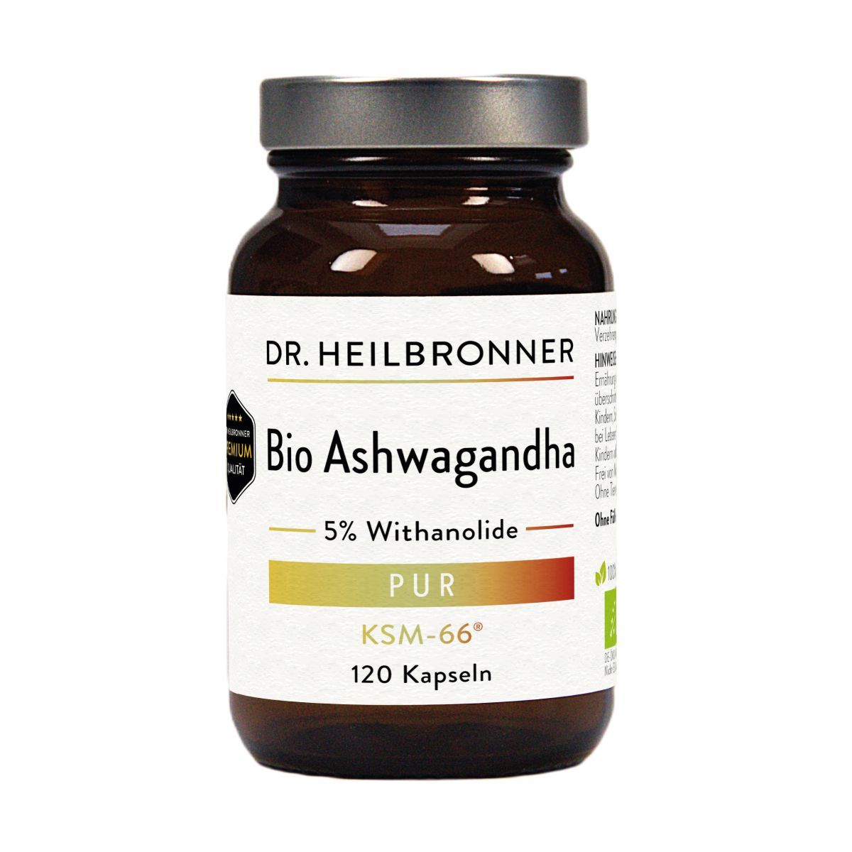 Braune Glasflasche mit Schraubverschluss. Etikett mit Produktnamen, Inhaltsstoffen und Zertifizierungen. 120 Kapseln.
