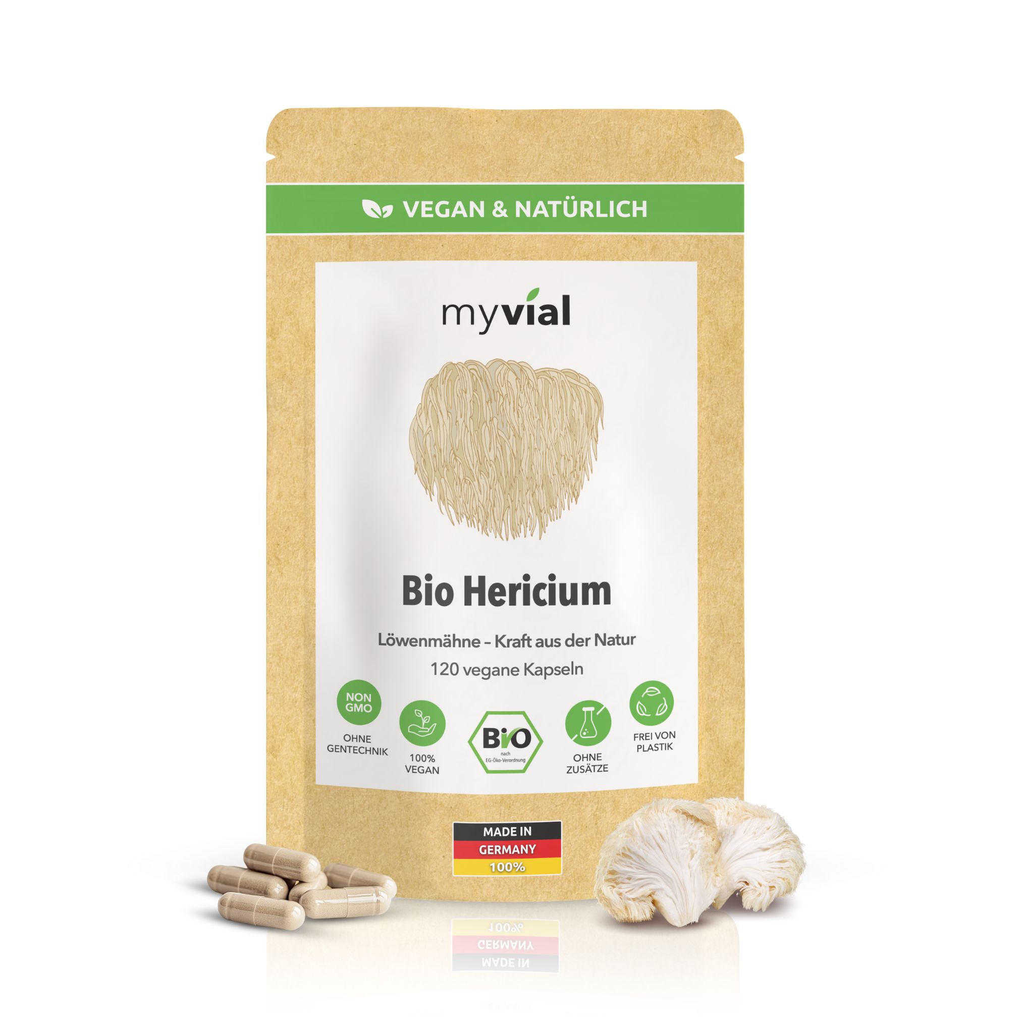 myvial® Bio Hericium Kapseln Lionsmane - 120 Stück mit 400 mg pro Kapsel vegan St