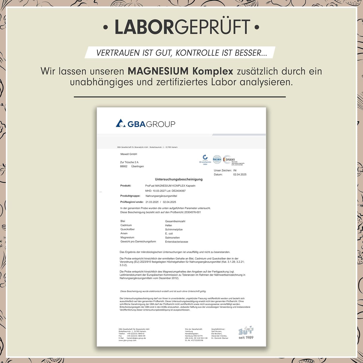 Laborbericht. Analyse des Magnesium Komplex. GBA Group Zertifizierung. Ergebnisse und Details der Laboruntersuchung.