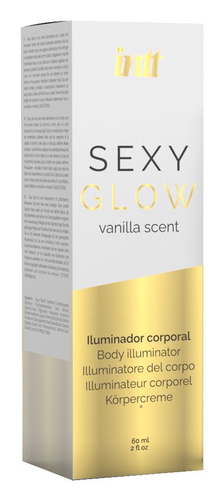 Verpackung. Aufschrift: intt, SEXY GLOW, vanilla scent. Text in mehreren Sprachen.