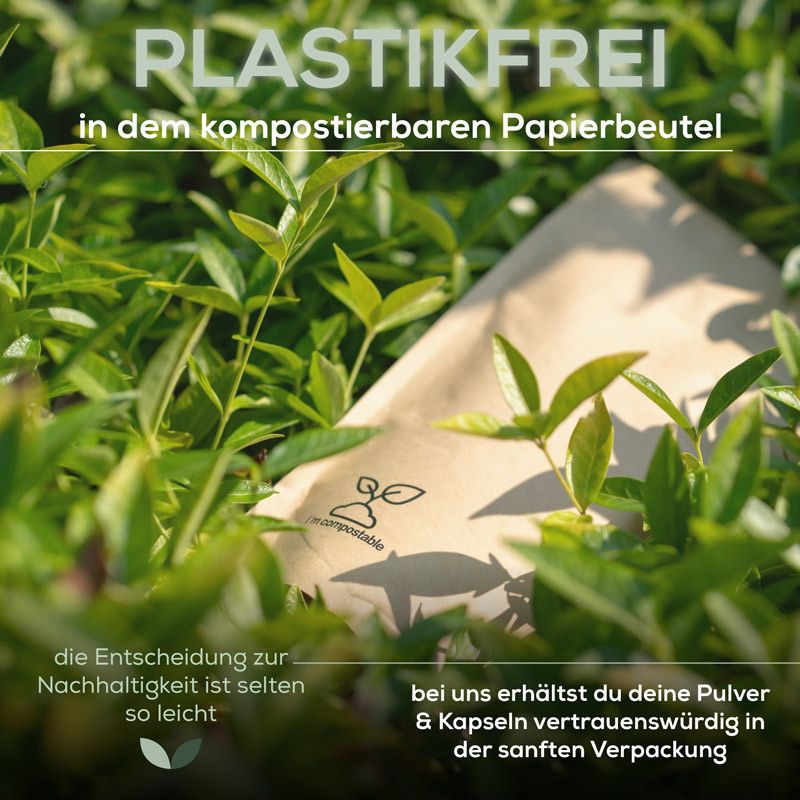 Brauner, kompostierbarer Papierbeutel mit Sanutrition Logo im Gras. Text: plastikfrei, nachhaltig verpackt.