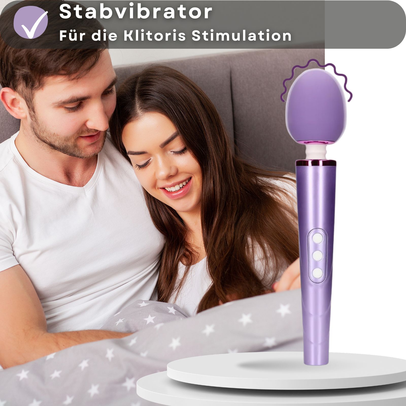 Lila Stabvibrator. Paar küsst sich. Text: Für Klitoris Stimulation.