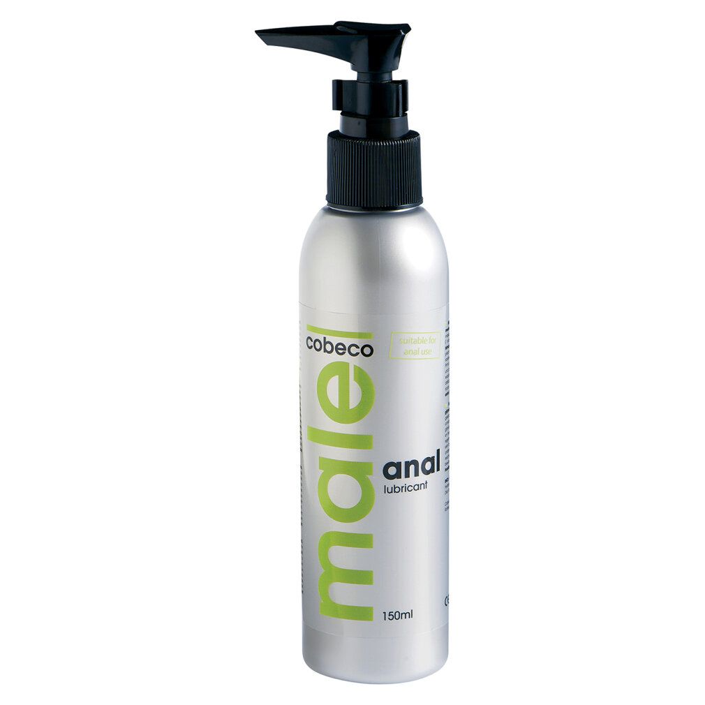 Silberne Flasche mit schwarzem Pumpkopf. Aufschrift: male anal lubricant. Marke: Cobeco.