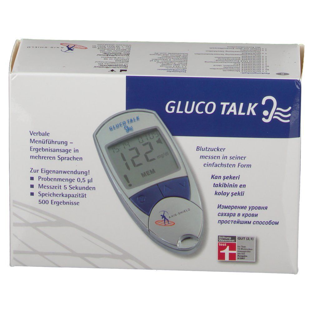 GLUCO TALK Set Verpackung. Aufgedruckt: Blutzuckermessgerät, Display mit Wert, Produktname, Logos und Text in mehreren Sprachen.