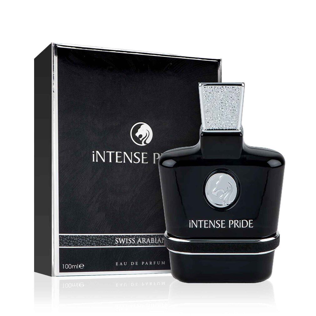 Schwarze Flasche und Verpackung. Aufschrift "INTENSE PRIDE" und "SWISS ARABIAN". Eau de Parfum. Silberner Verschluss.