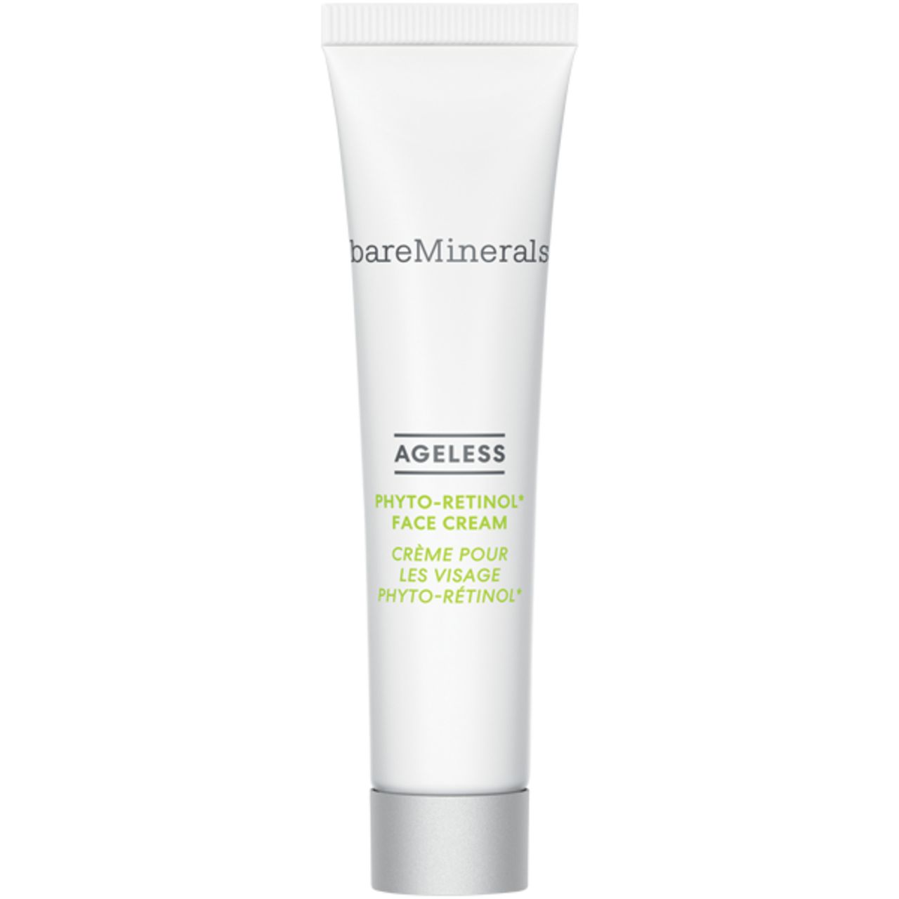 Weiße Tube mit silberfarbenem Deckel. Aufschrift: bareMinerals, Ageless Phyto-Retinol Face Cream, Crème pour les visage Phyto-Rétinol.