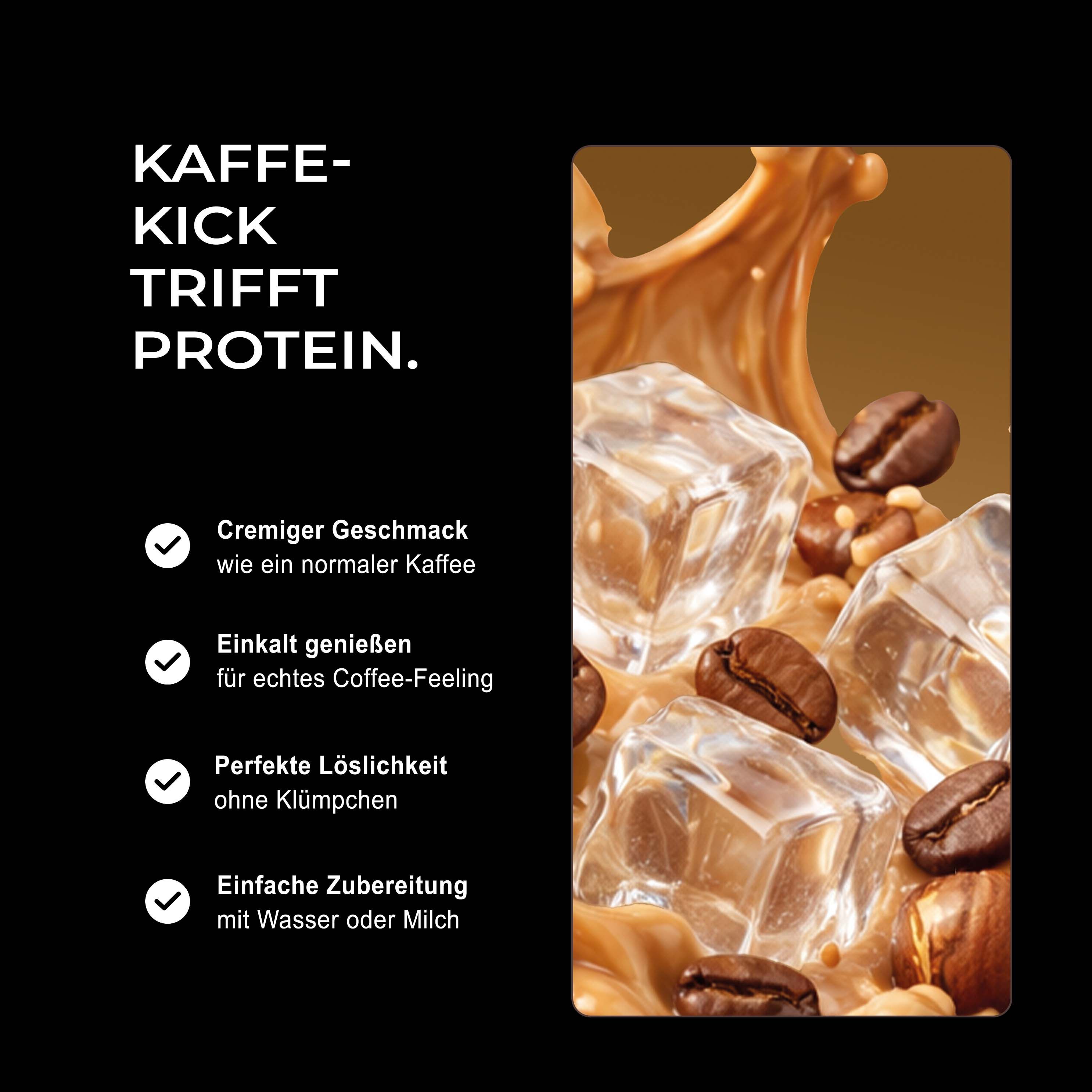 Nahaufnahme von Eiswürfeln, Kaffeebohnen und einem cremigen Getränk.