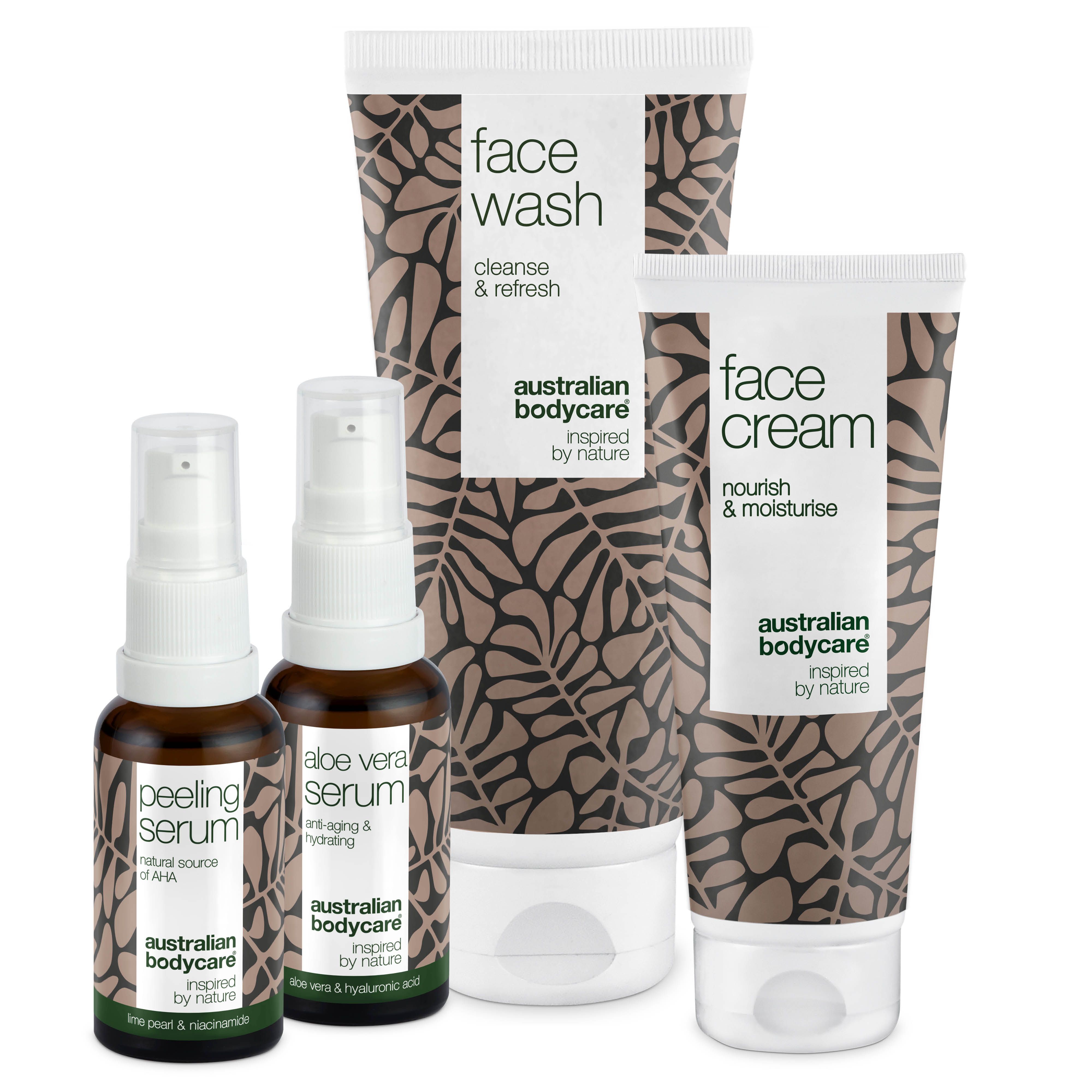 Vier producten van Australian Bodycare: Face Wash, Face Cream, Peeling Serum, Aloe Vera Serum.
