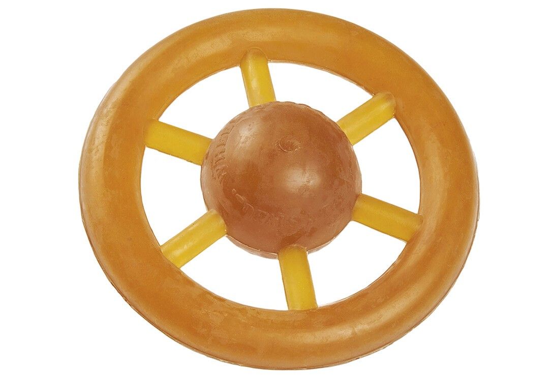 Gelbes Spielrad mit braunem Mittelteil und gelben Speichen. Naturkautschuk.