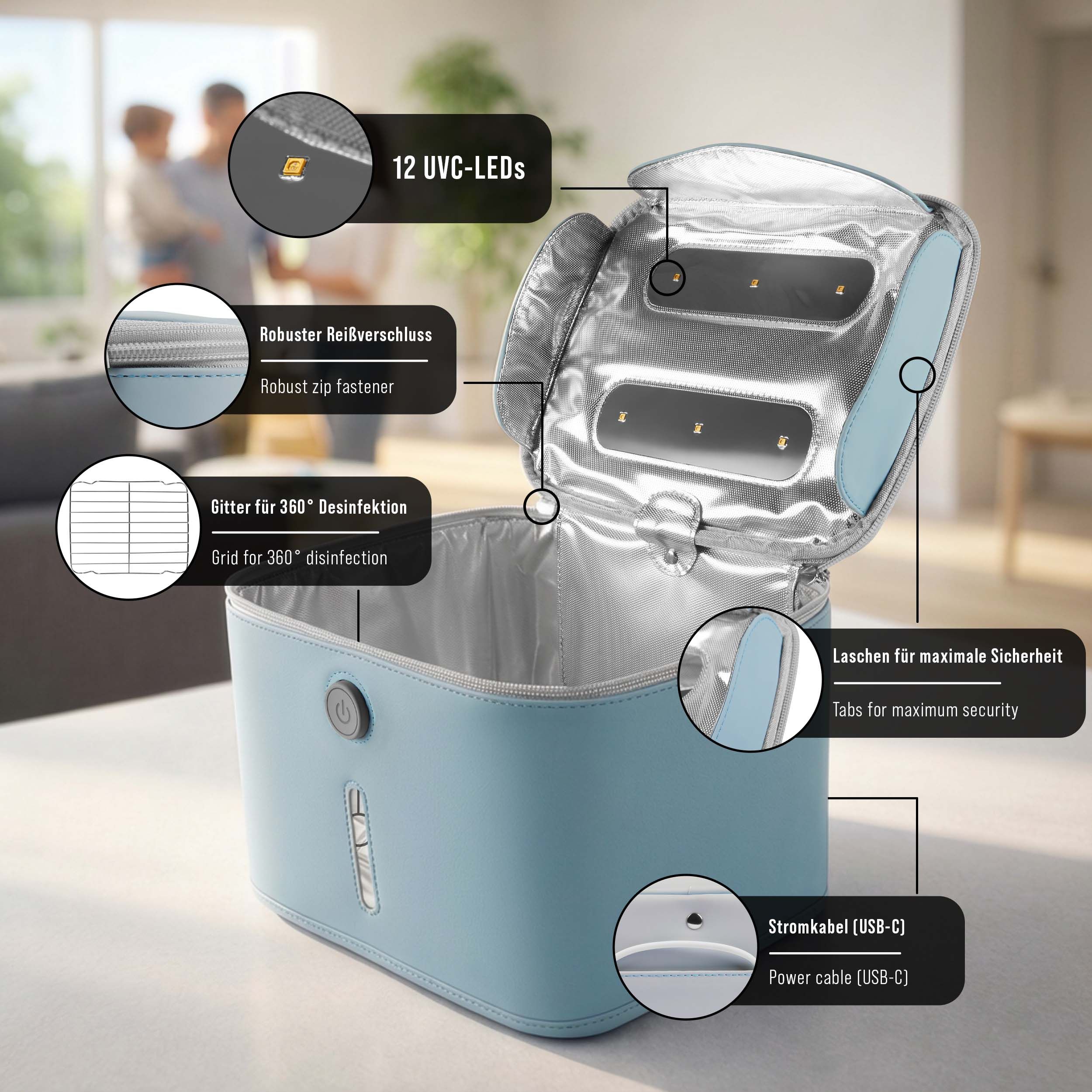 Hellblaue, rechteckige Tasche mit Reißverschluss, geöffnet. Innenraum mit 12 UVC-LEDs, Metallauskleidung und Gitter. Details: Reißverschluss, Stromkabelanschluss.