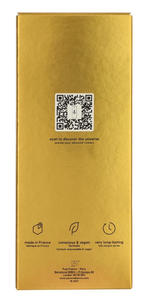 Goldfarbene Verpackung. QR-Code und Logos. Text: Made in France, conscious & vegan, very long-lasting.