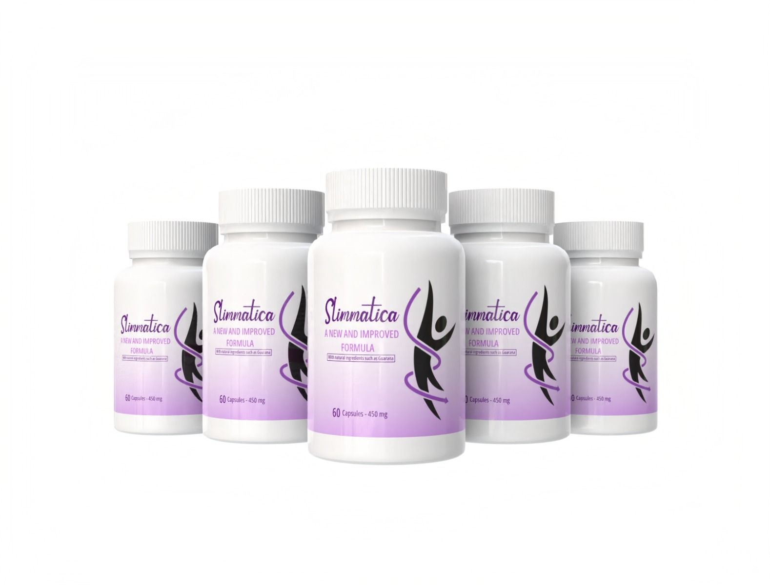 Fünf weiße Pillendosen mit lila Etikett. Aufschrift: Slimmatica, neue Formel. 60 Kapseln, 450 mg.
