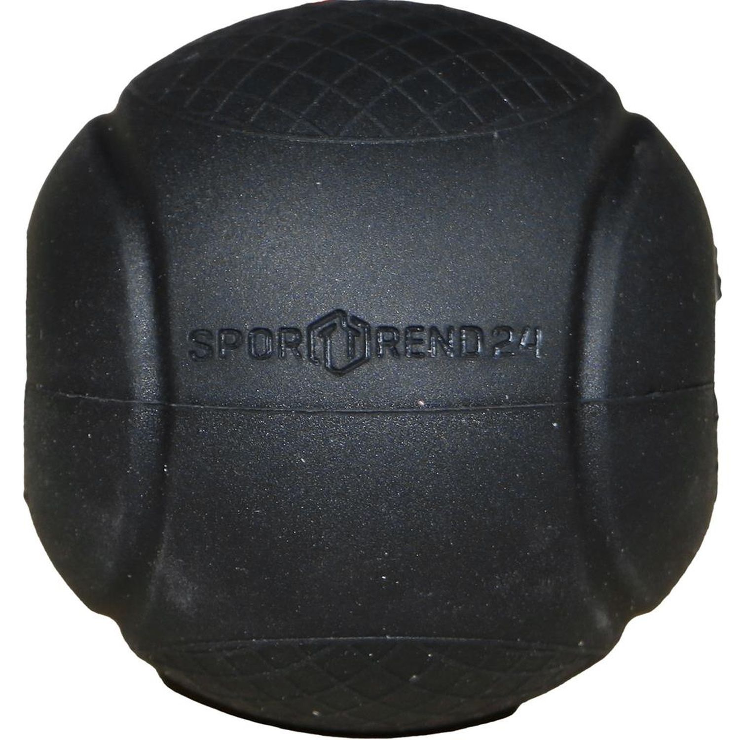 Schwarzer Grip Pad Ball. Sporttrend24 Logo. Oberfläche mit Gittermuster. Fitness-Zubehör.
