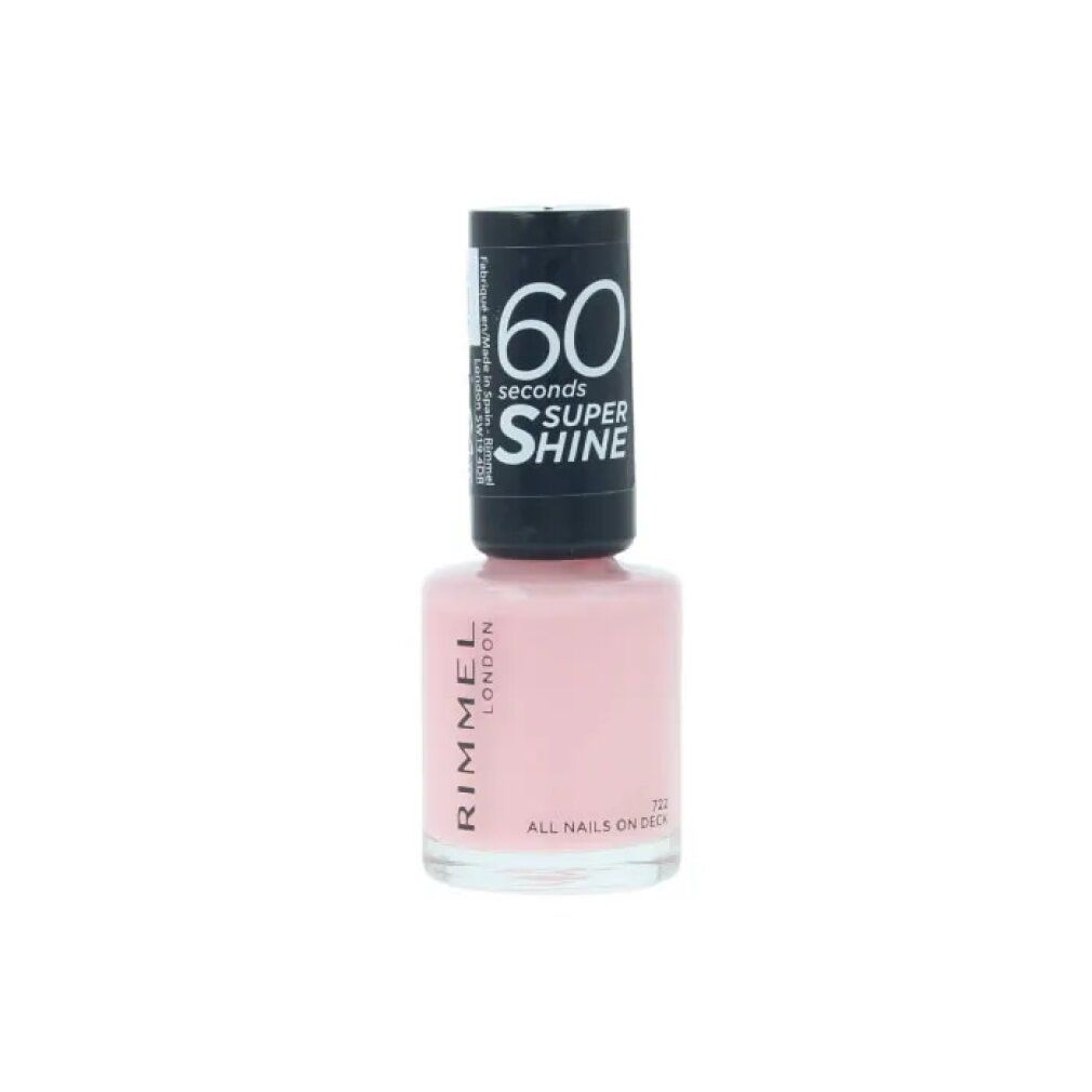 Nagellackflasche mit rosa Inhalt. Schwarzer Deckel mit weißer Aufschrift: 60 seconds Super Shine. Aufschrift: Rimmel London.