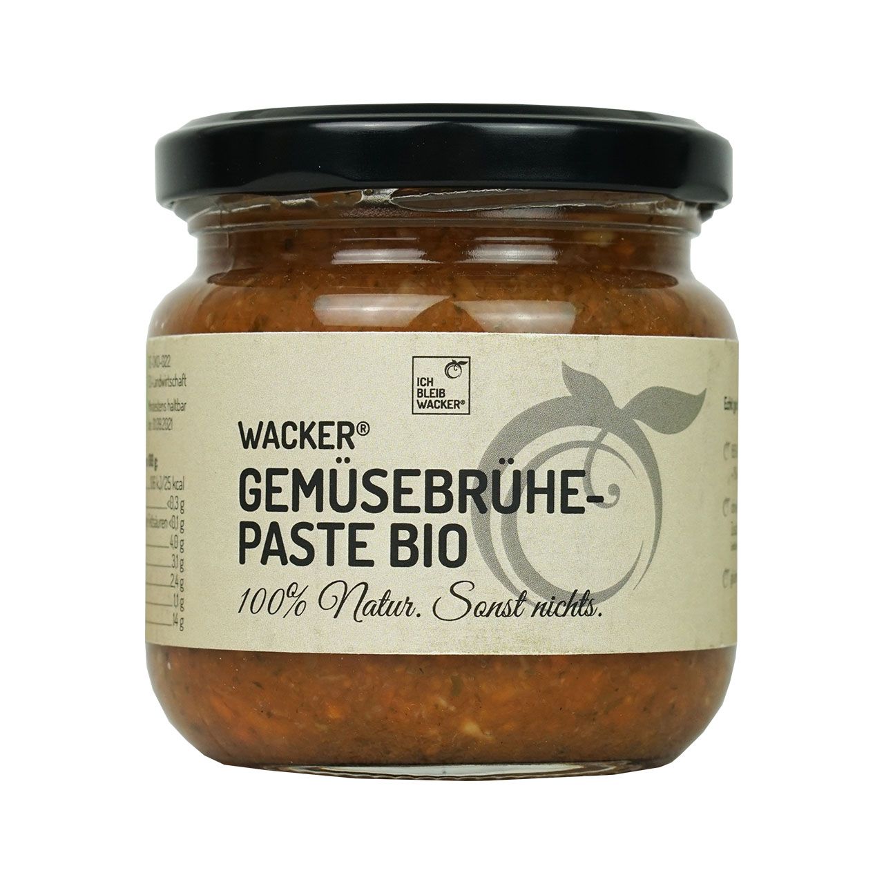Glas mit Gemüsebrühe-Paste Bio. Schwarzer Deckel. Etikett mit Text und Logo.