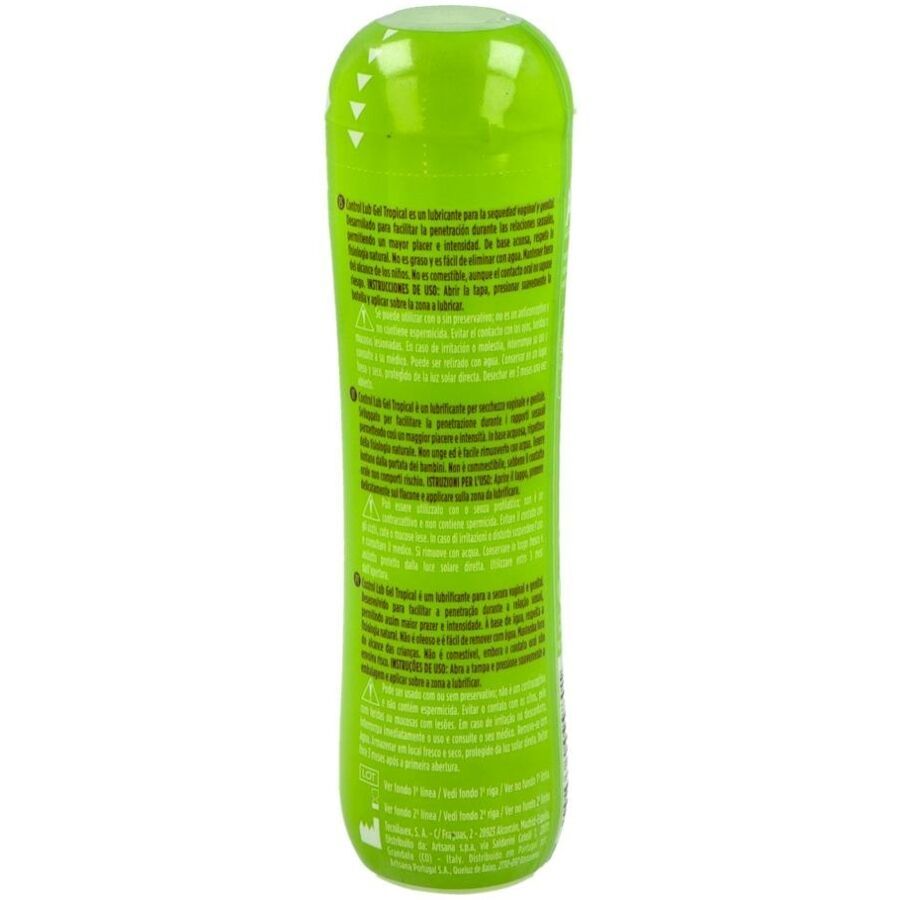 Rückseite der grünen Flasche. Text in mehreren Sprachen. Barcode und Zertifizierungen. CE-Kennzeichnung.