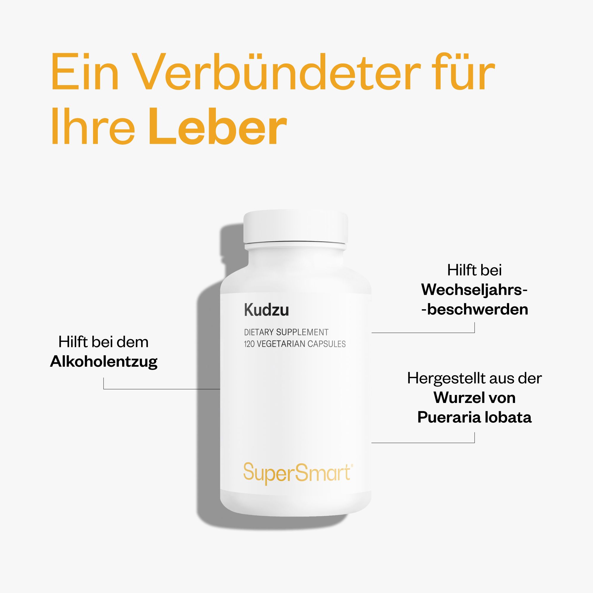 Weiße Flasche mit Kudzu-Kapseln. Text: Kudzu, 120 vegetarische Kapseln. SuperSmart-Logo. Beschriftung: Hilft bei Alkohorentzug und Wechseljahrsbeschwerden.