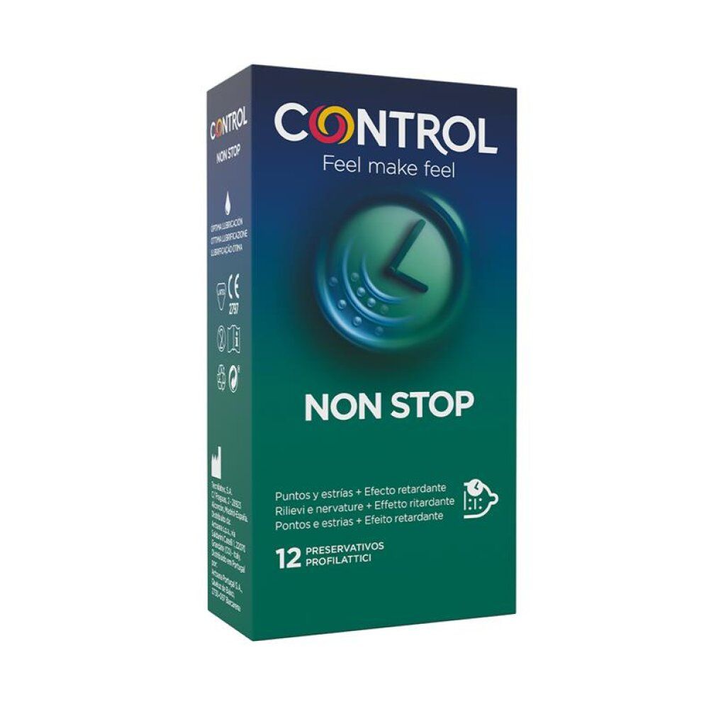 Control Non Stop Kondompackung mit 12 Stück. Linke Seite mit Produktinformationen und Symbolen.