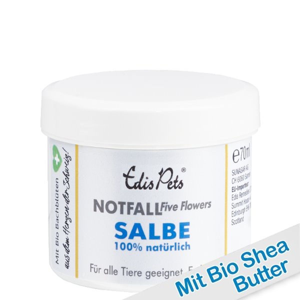 Witte pot met deksel. Opschrift: Edis Pets NOTFALL Five Flowers SALBE 100% natuurlijk. Geschikt voor alle dieren. Eetbaar. Met Bio Shea Butter.