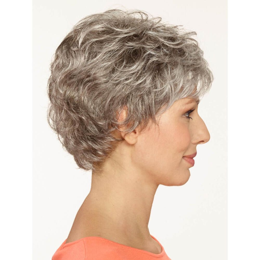 Kurzhaarperücke mit grauen Locken. Seitenansicht.