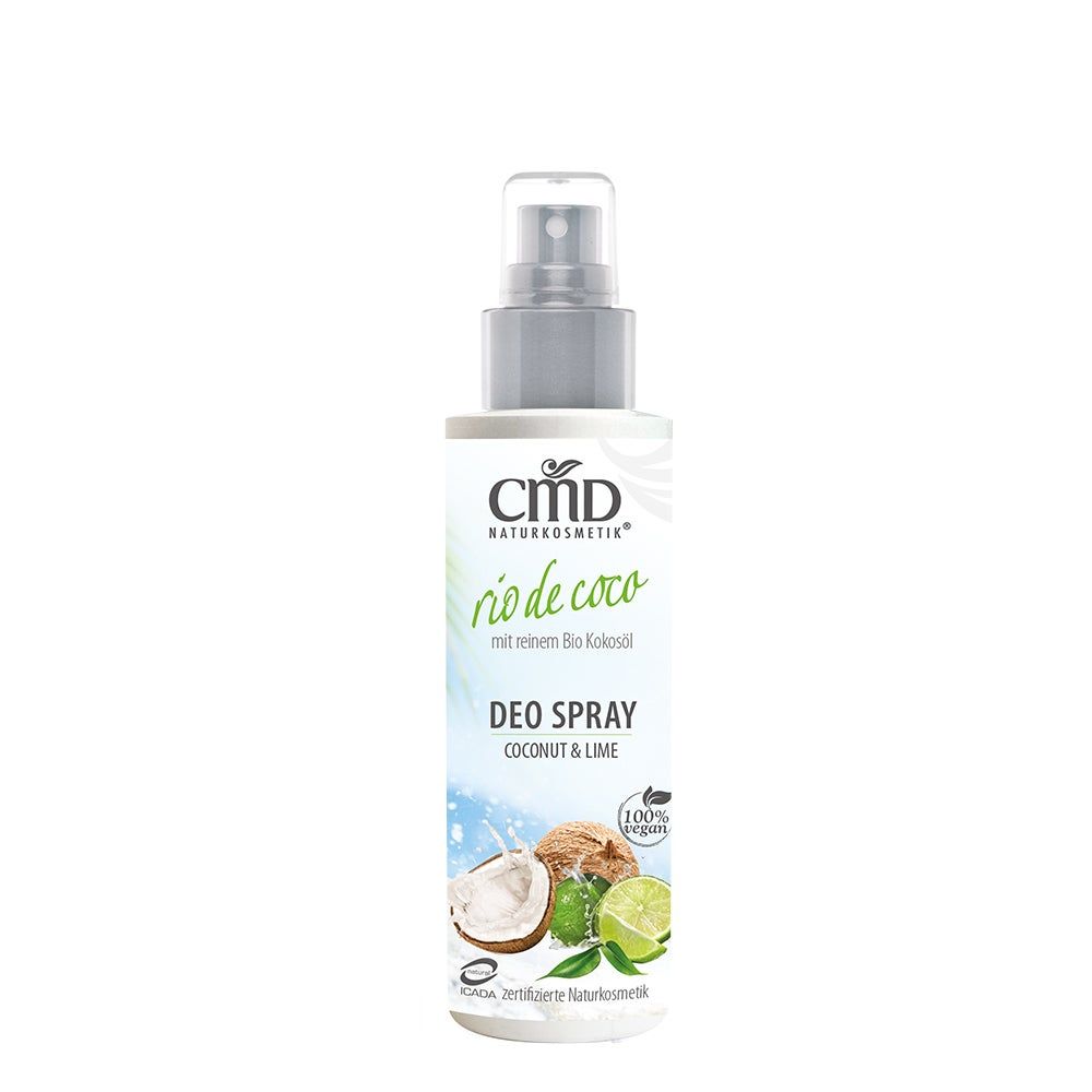 Deospray-Flasche mit Sprühkopf. Aufschrift: CMD Naturkosmetik, rio de coco, Deo Spray Coconut & Lime. Abbildung von Kokosnuss und Limette.