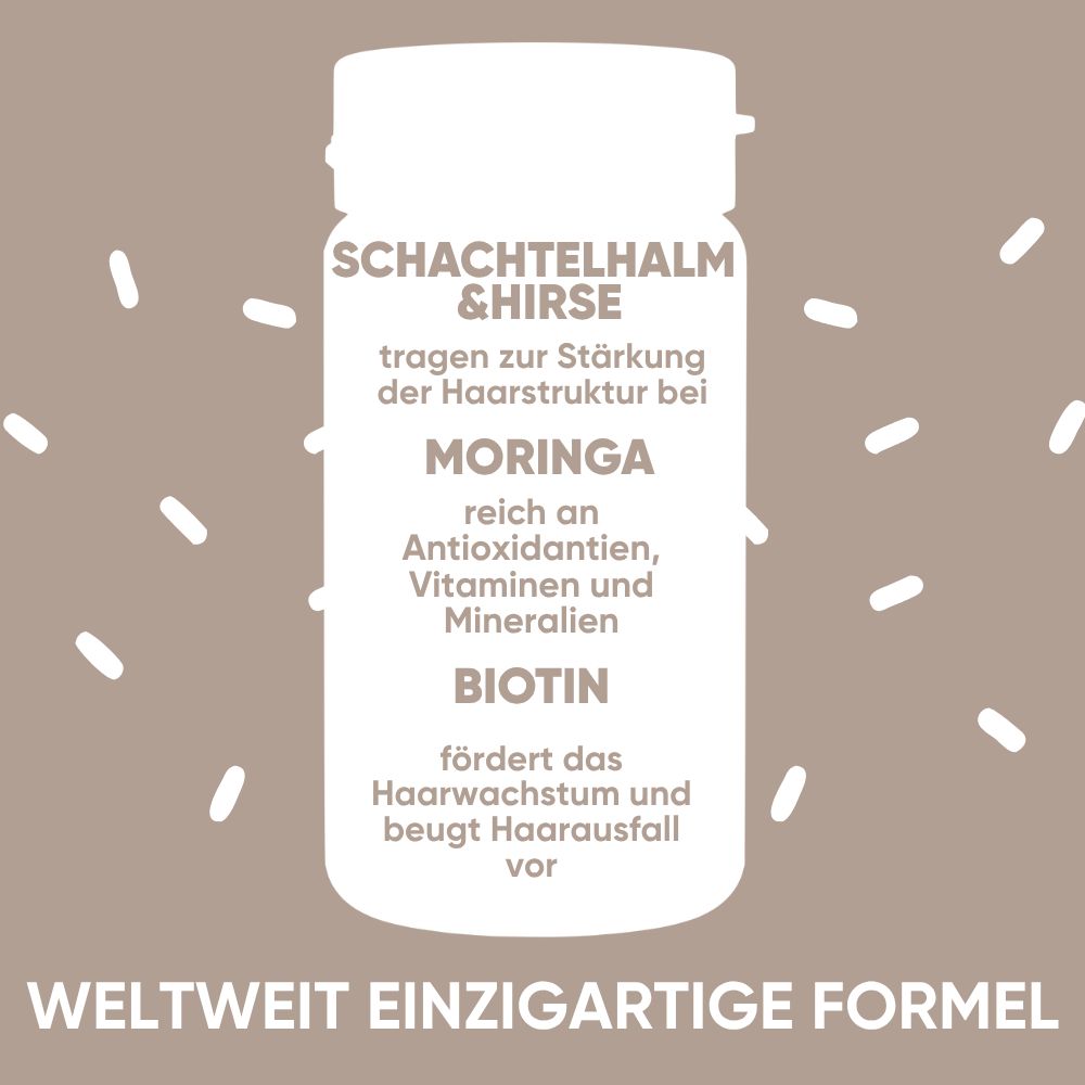 Flasche mit Inhaltsstoffen für Haarwachstum: Equiseto, Miglio, Moringa, Biotin.