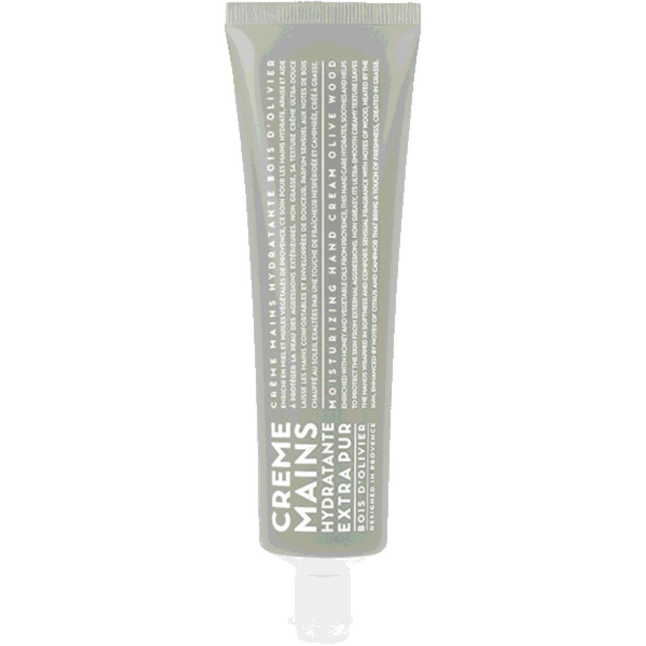 Creme-Tube, hellgrün. Text mit Produktinformationen. Weiße Verschlusskappe. "Crème Mains Hydratante Extra Pur Bois d'Olivier".