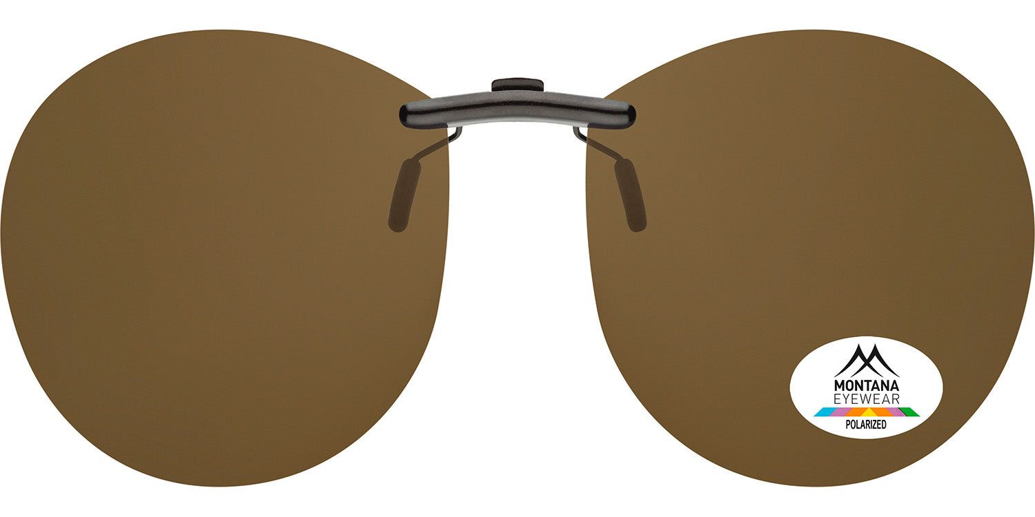 Clip-on-Sonnenbrille mit braunen Gläsern. Montana Eyewear Logo und Polarized-Kennzeichnung. Runde Form.