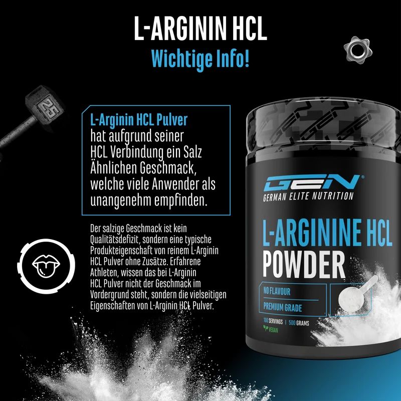 GEN L-Arginin HCL Pulver Dose mit Erläuterungen zum Geschmack.