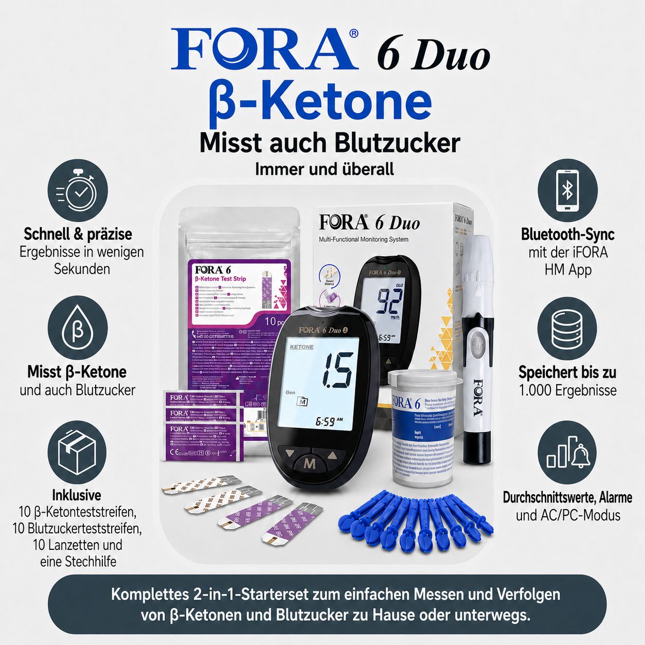 FORA 6 Duo Set: Messgerät, Keton- und Blutzuckerteststreifen, Lanzetten, Stechhilfe. Bluetooth-fähig.