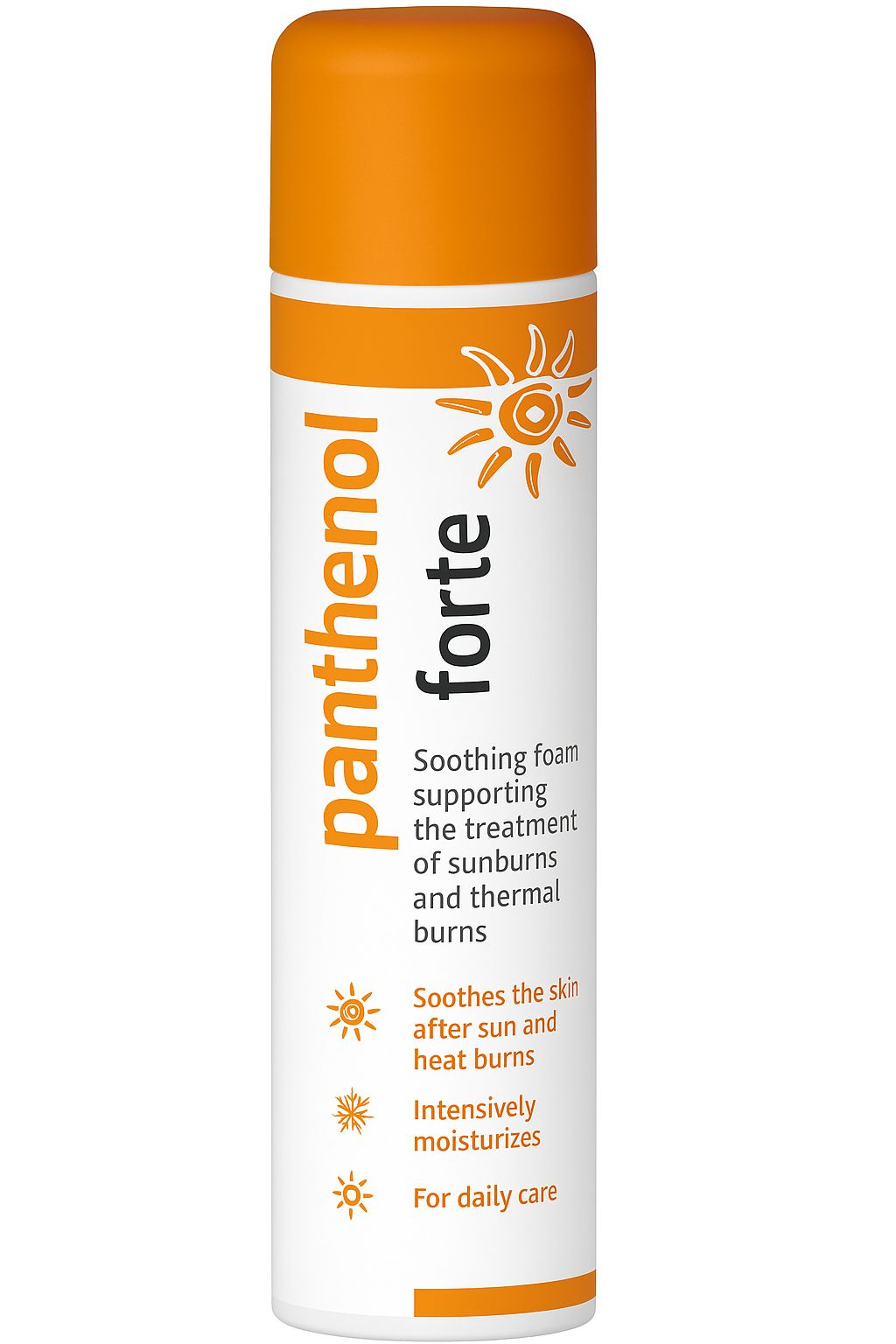 Weiß-orangefarbene Sprühflasche. Beschriftung: Panthenol forte. Text: Beruhigender Schaum für Sonnenbrand und Verbrennungen. Für tägliche Pflege.