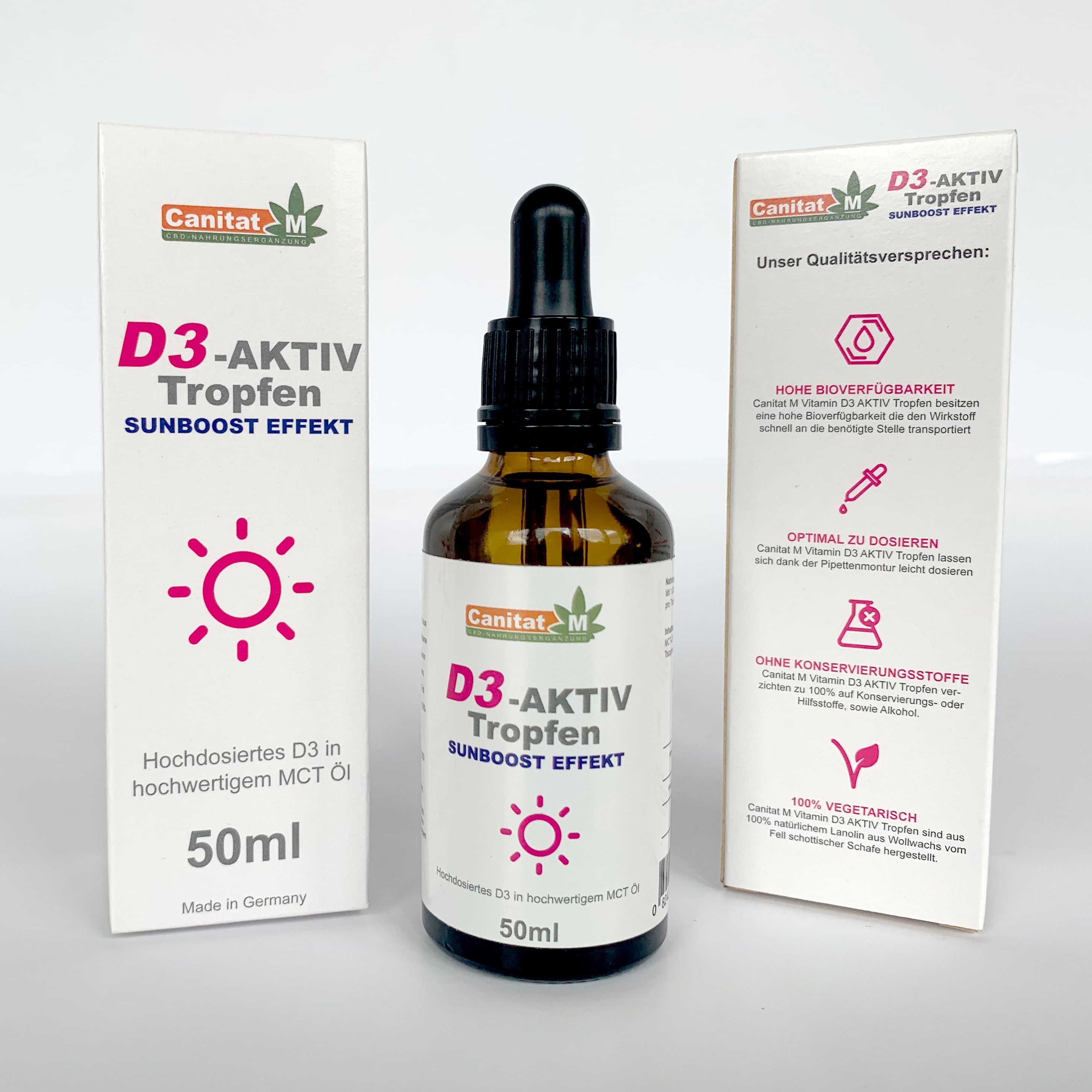 Braune Glasflasche mit Tropfer, zwei weiße Verpackungen. Aufschrift: D3-AKTIV Tropfen, Sunboost Effekt, 50ml. Canitat M Logo. Zusätzliche Informationen.