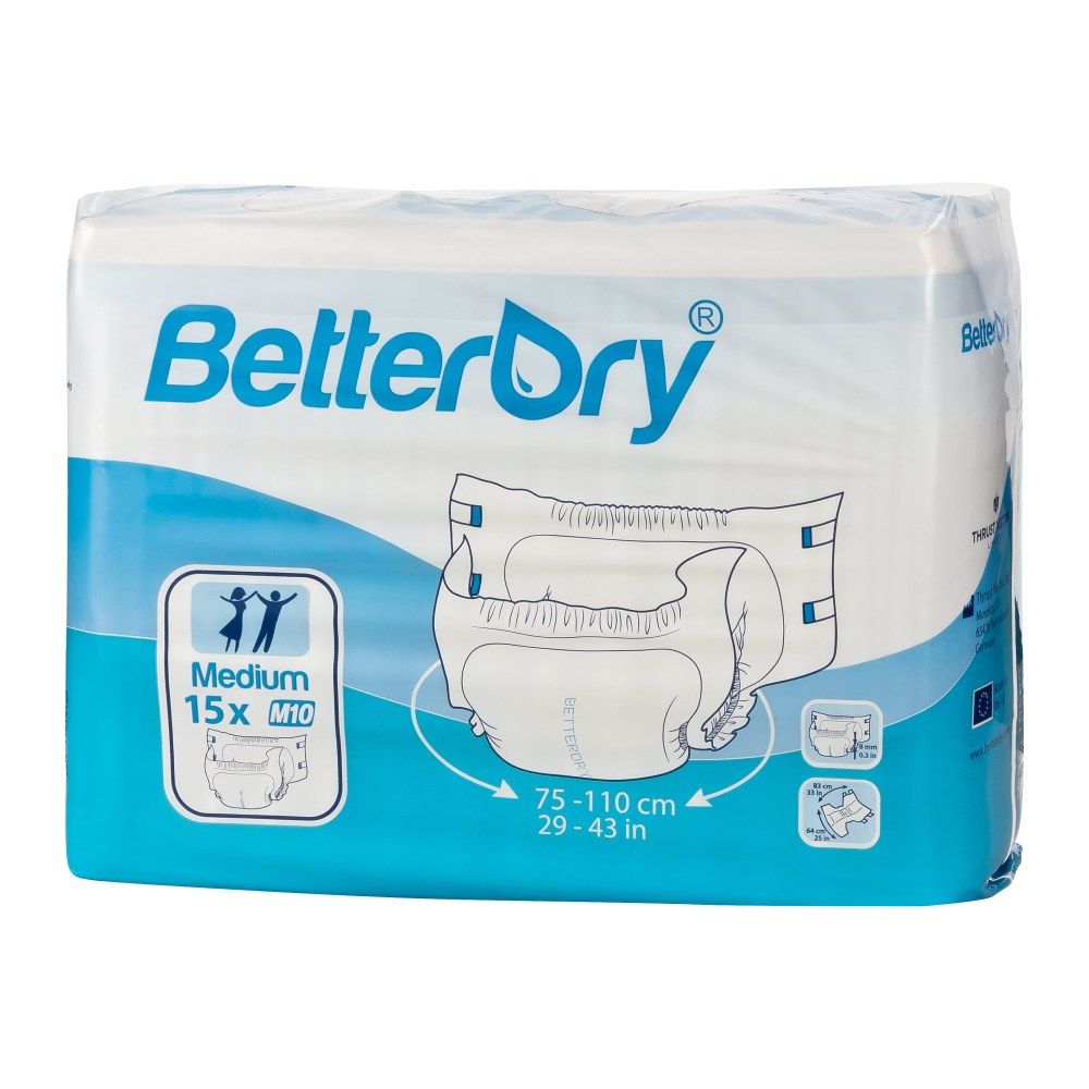 BetterDry M10 Windeln für Erwachsene, Medium, 15 Stück. Packung zeigt eine Windel und Größenangabe 75-110 cm.