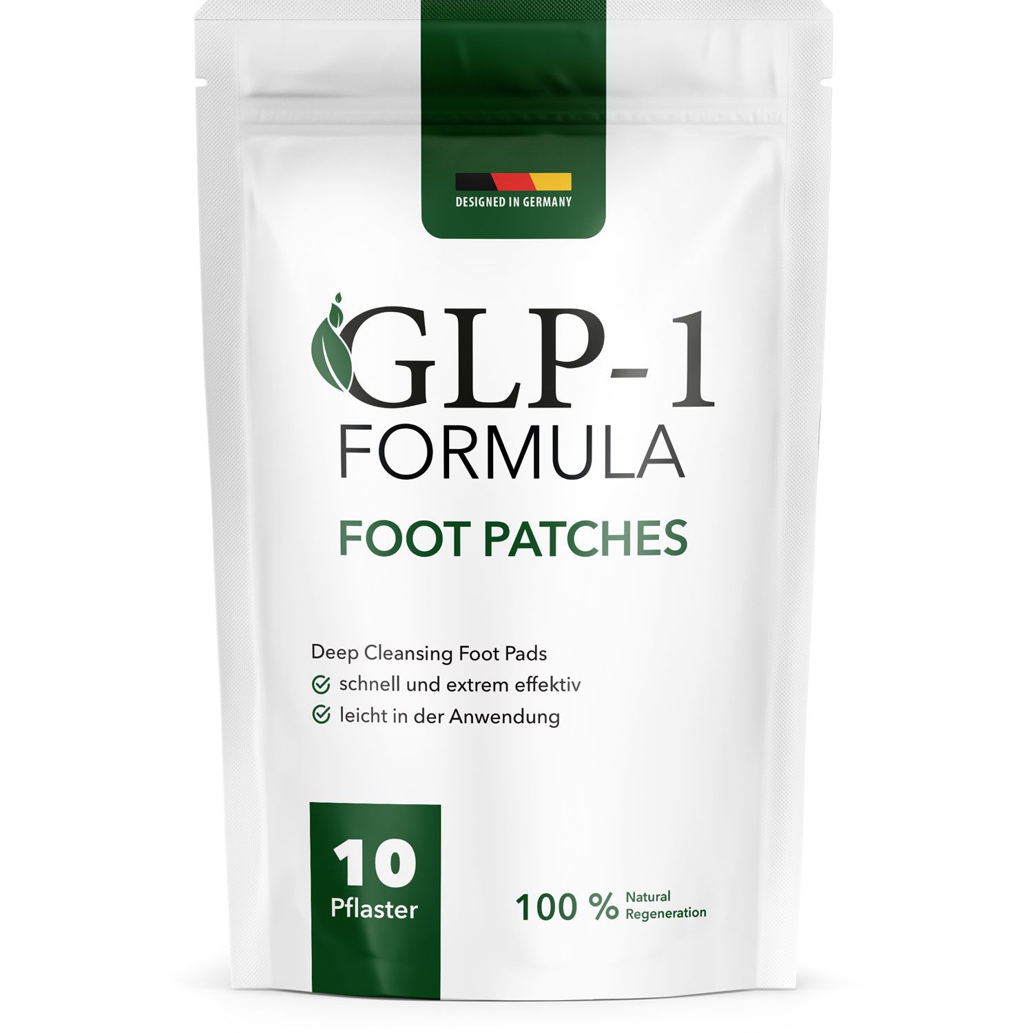 Weiße Verpackung mit grünem Streifen. Aufschrift: GLP-1 FORMULA FOOT PATCHES. 10 Pflaster. 100% Natural Regeneration. Hergestellt in Deutschland.