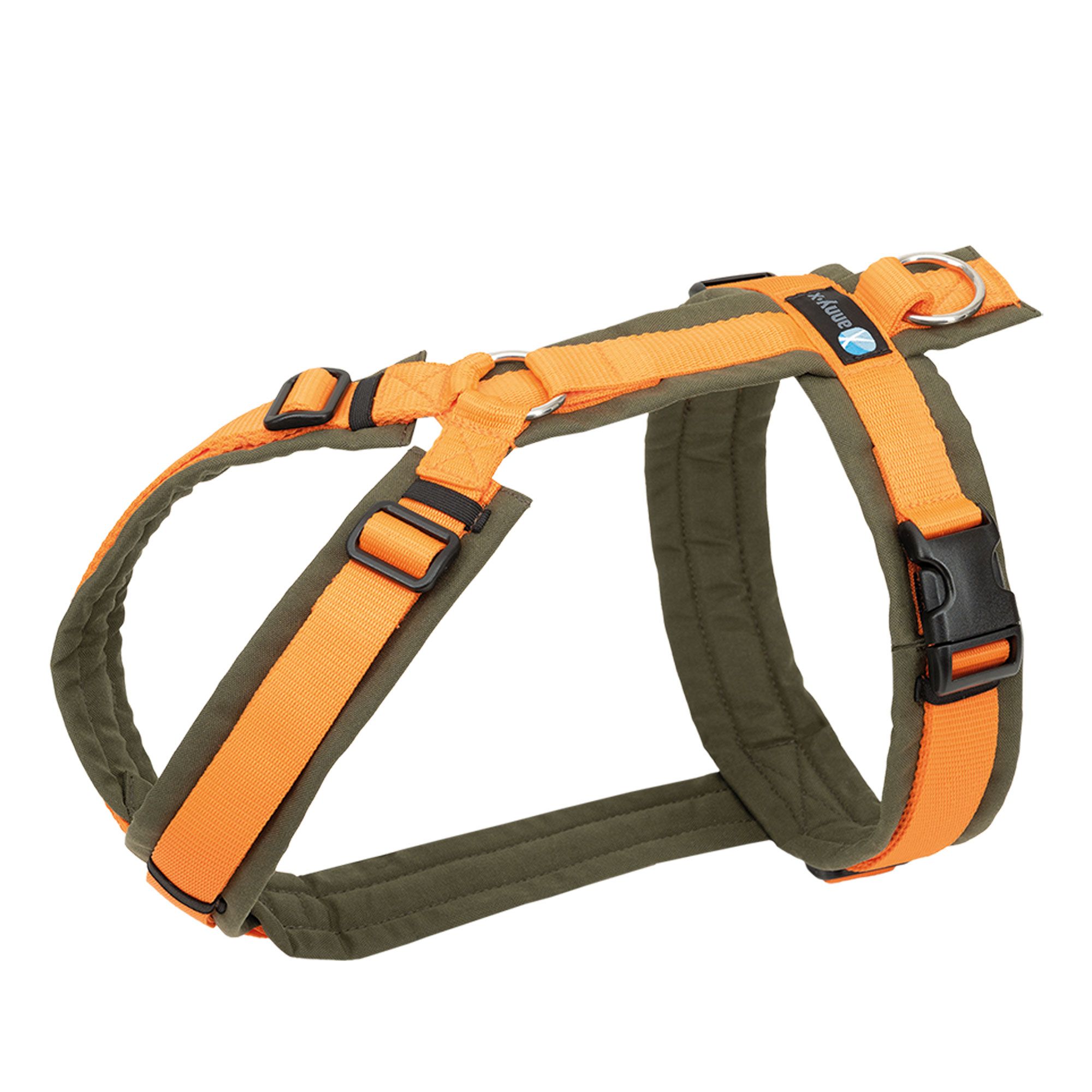 Hundegeschirr, olivgrün mit orangefarbenen Akzenten. Verstellbare Gurte, Schnallen und Metallring.