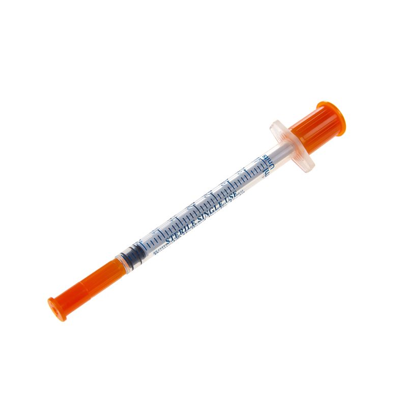 Insulinspritze mit orangefarbenem Kolben und Kappe. Skala in Einheiten. Liegende Position.