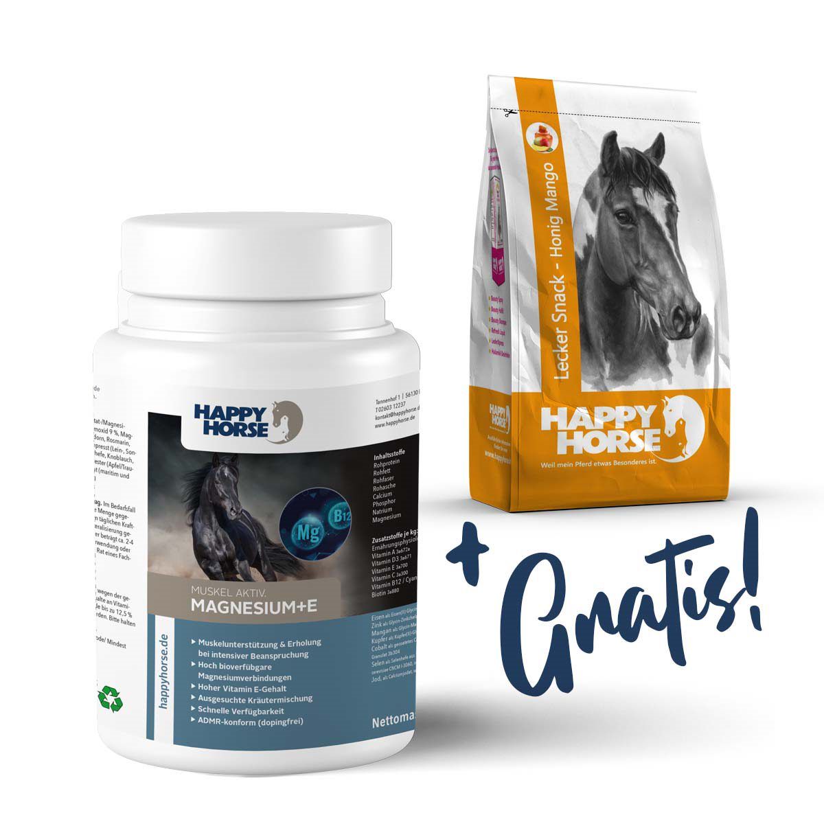 Eine weiße Flasche und eine Tüte. Auf der Flasche steht "Happy Horse Magnesium E". Auf der Tüte steht "Lecker Snack Honig Mango".