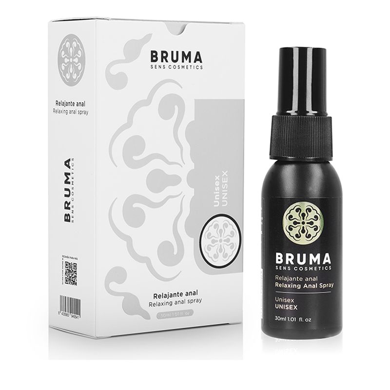 Branding Bruma Sens Cosmetics: Anal Spray, Unisex, 30ml. Kartonverpackung und schwarze Sprühflasche.