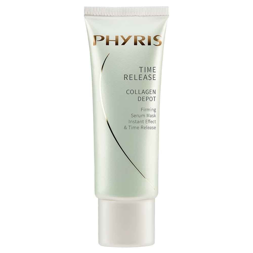 Creme-Tube mit Produktnamen PHYRIS. Aufschrift: Time Release, Collagen Depot, Firming Serum Mask, Instant Effect & Time Release.