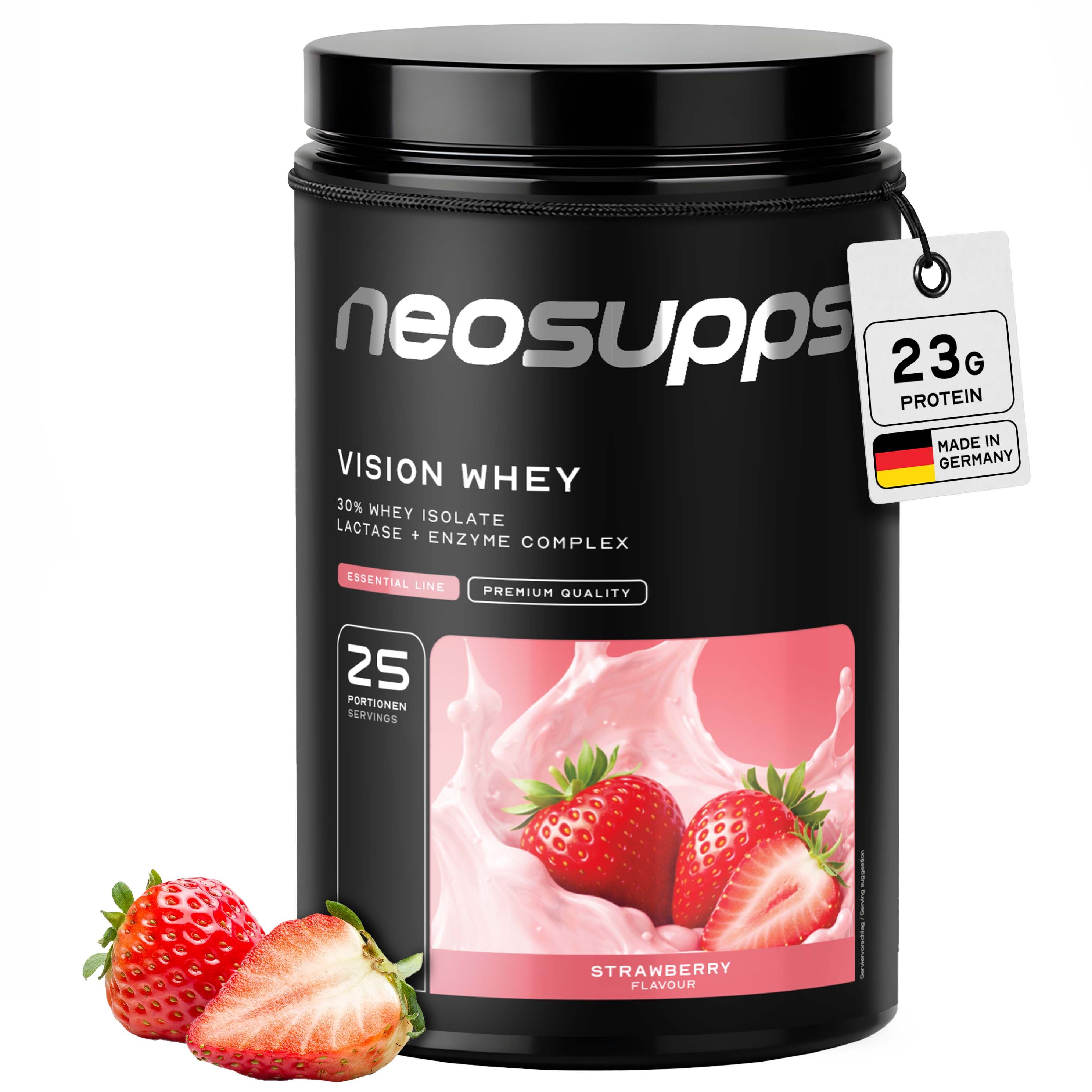 Neosupps Vision Whey Protein Erdbeergeschmack: Schwarzer Behälter mit Erdbeerabbildung und "23g Protein"-Label.